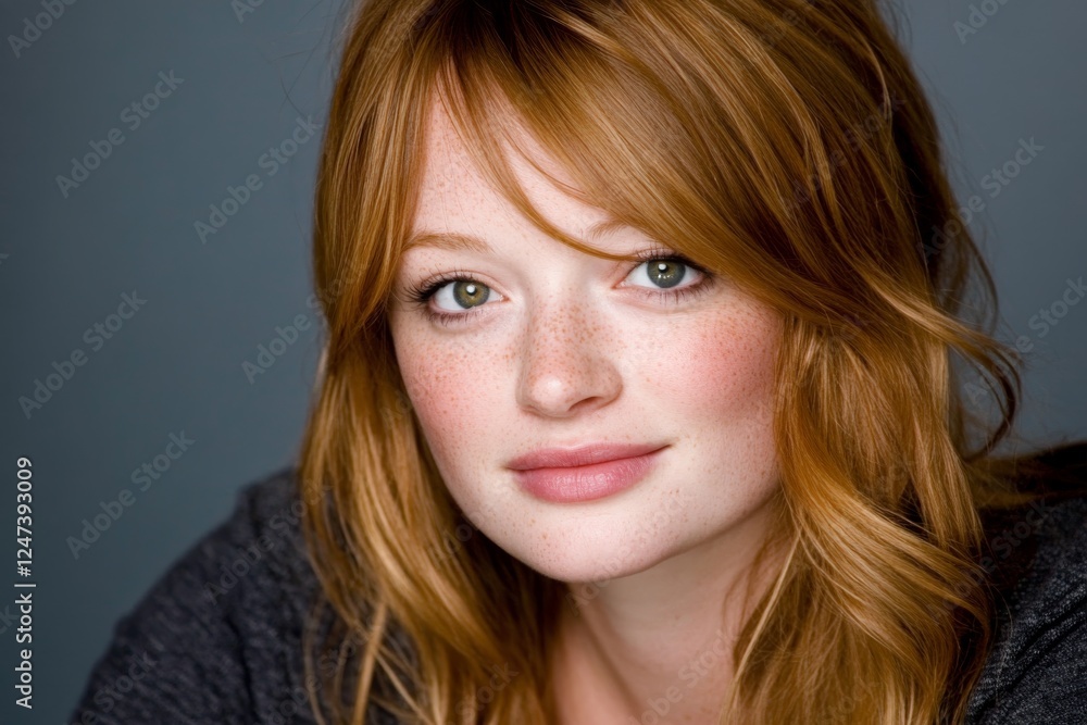A young woman with auburn hair and freckles gazes at the viewer with one eye hidden. Her casual attire complements her light complexion and wavy hairstyle A young woman with auburn hair and freckles gazes at the viewer with one eye hidden. Her casual attire complements her light complexion and wavy hairstyle