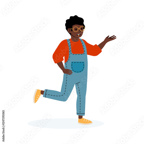 Happy young person in overalls joyfully running and waving with enthusiasm