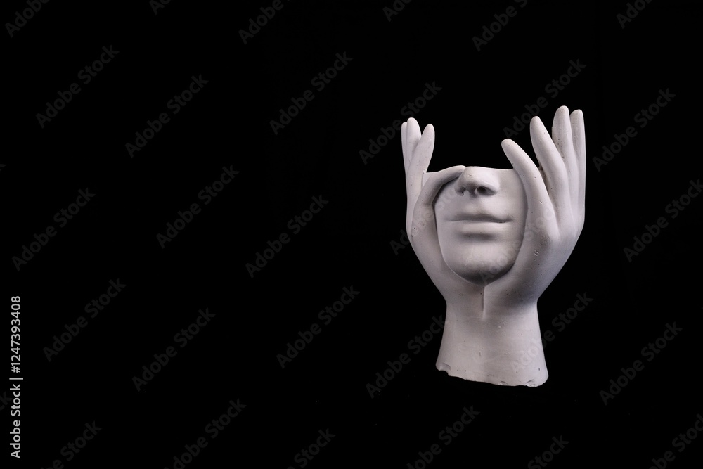 On Black Background With Copy Space Pensive White Statue On Black Background With Copy Space Pensive White Statue