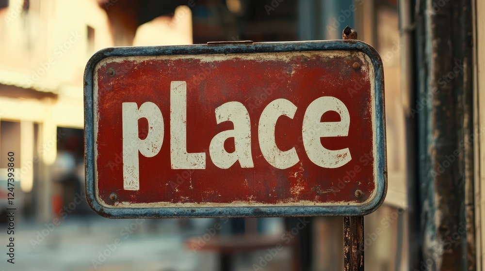 Fototapeta premium Rustic Red Vintage Sign with Bold Hand-Painted White Text and Weathered Edges in a Sunlit Urban Neighborhood Scene