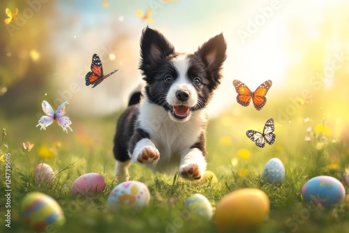 Border Collie Puppy Chasing Butterflies Near Easter Eggs – Joyful Spring Scene