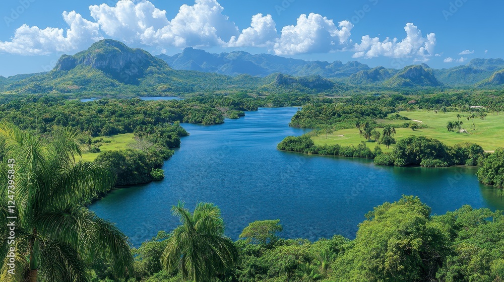Panoramic view of a serene river valley, lush greenery, mountains under a bright sky. Travel brochure Panoramic view of a serene river valley, lush greenery, mountains under a bright sky. Travel brochure