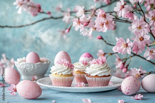 Easter Brunch Background with Festive Table, Cupcakes, Painted Eggs, and Blooming Cherry Blossoms