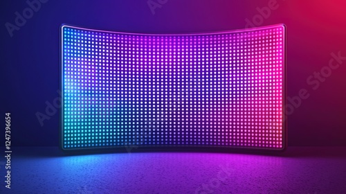 Authentic concave LED display for a wall or platform, showcasing a large TV display with vibrant neon blue and purple dot lights, resembling a stadium digital scoreboard, depicted in vector 