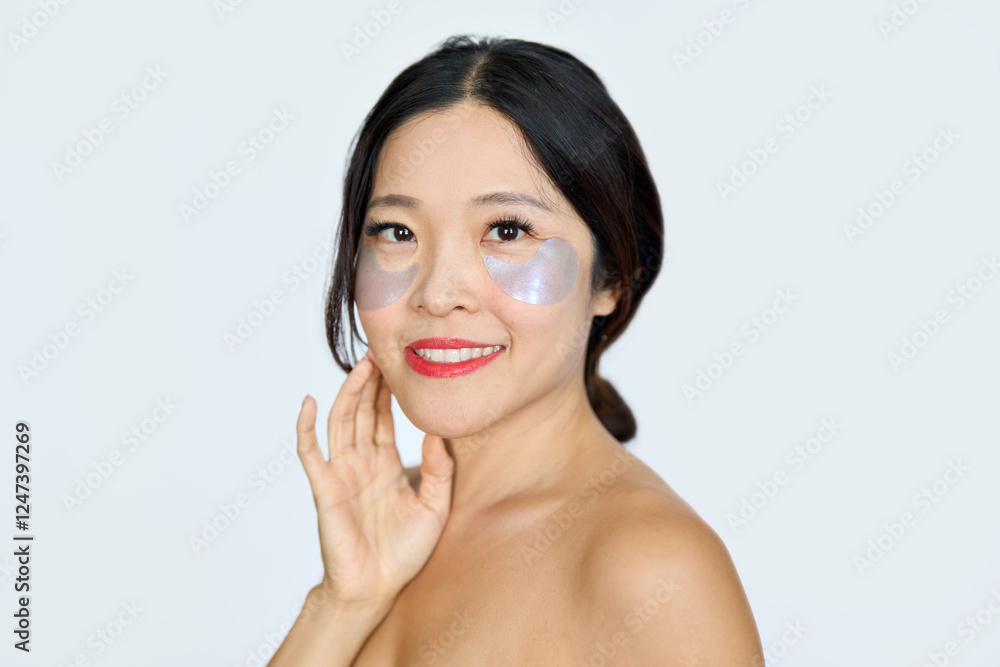 Happy smiling middle aged Asian woman model advertising antiage face skin care undereye hydrogel patches cosmetic treatment looking at camera isolated on white background. Portrait. Happy smiling middle aged Asian woman model advertising antiage face skin care undereye hydrogel patches cosmetic treatment looking at camera isolated on white background. Portrait.
