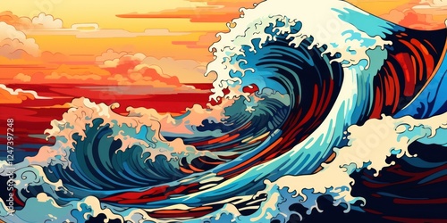 Vibrant Playful Ocean Waves in Cartoon Style Illustration. Dynamic Blue Sea Wave, Surf, and Foam Art