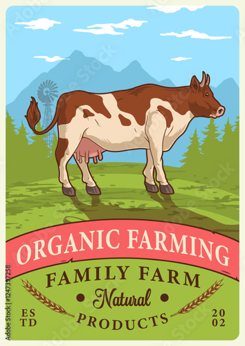 Organic farm illustration with a cow