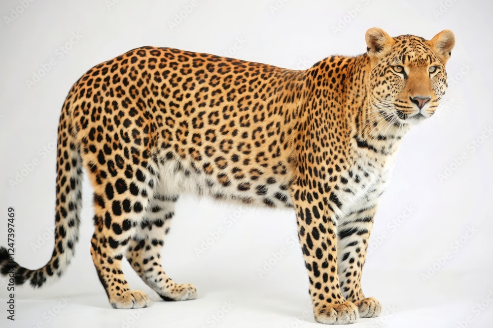 Full Body Leopard Standing Sideways Against a White Background. Generative AI Full Body Leopard Standing Sideways Against a White Background. Generative AI