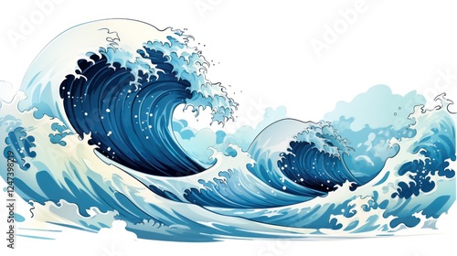 Vibrant Playful Ocean Waves in Cartoon Style Illustration. Dynamic Blue Sea Wave, Surf, and Foam Art