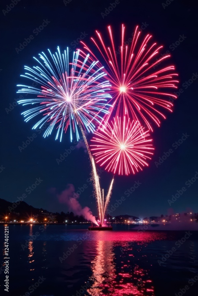 Crimson and blue fireworks illuminate the night, fiery, festival Crimson and blue fireworks illuminate the night, fiery, festival