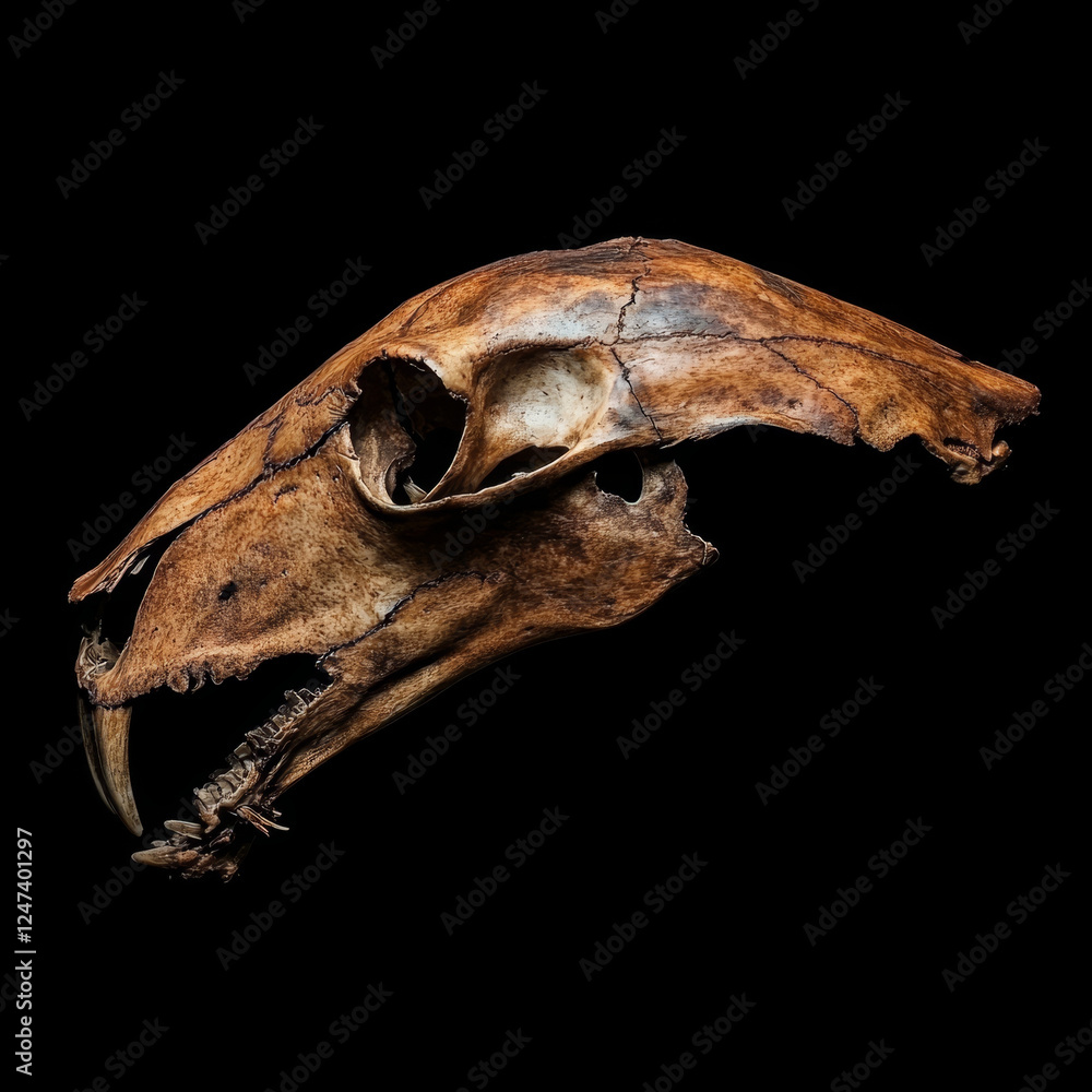 Detailed profile shot of a weathered, brown animal skull with prominent canines, set against a stark black background. Detailed profile shot of a weathered, brown animal skull with prominent canines, set against a stark black background.