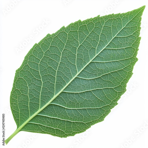 A vibrant green leaf displays intricate vein patterns against a crisp white background, revealing the beauty of natural foliage.