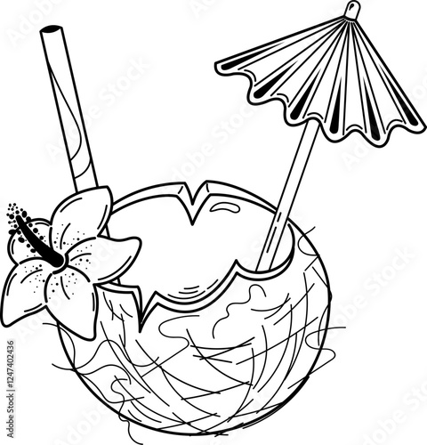 Coconut cocktail with straw, umbrella and hibiscus. Doodle, sketch, outlines of the illustration. Black and white image.