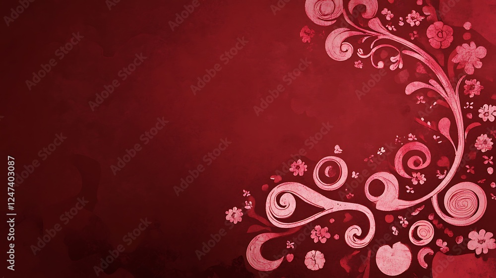 Red Background with Pink Floral Swirls and Flowers Red Background with Pink Floral Swirls and Flowers