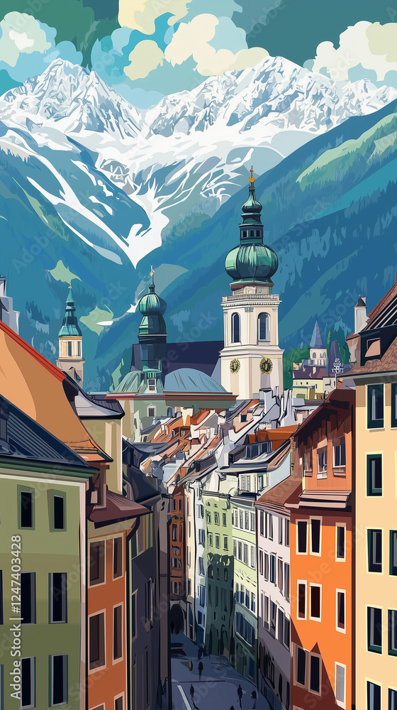 Obraz premium Illustration, Cityscape of Innsbruck, the capital city in tyrol, Austria , touristic advertisement poster. Beautiful tourist destination, must-see location. Medieval city in the alps at the river Inn.