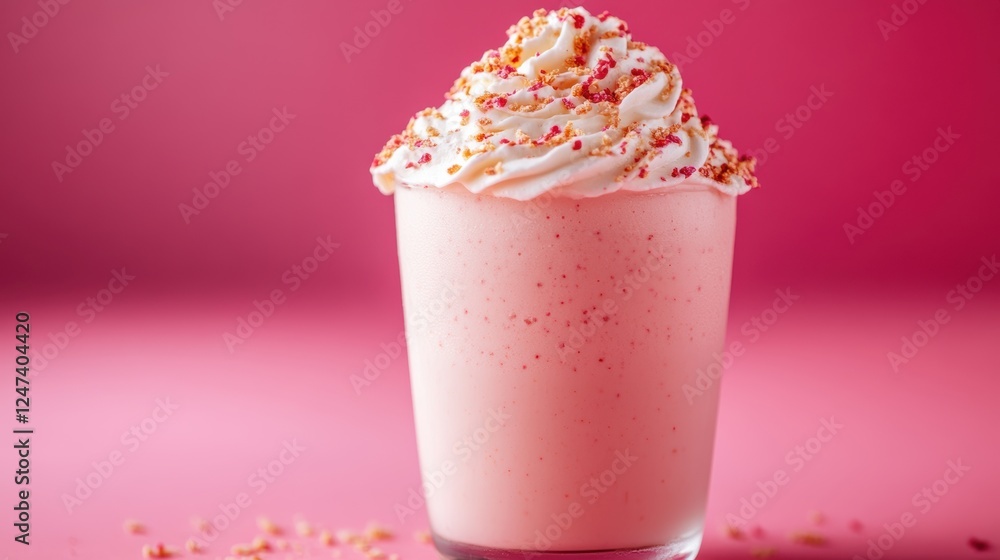 A Refreshing Strawberry Milkshake Topped with Whipped Cream and Sprinkles Against a Vibrant Pink Background A Refreshing Strawberry Milkshake Topped with Whipped Cream and Sprinkles Against a Vibrant Pink Background