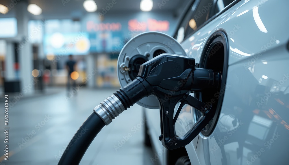 White car refueling at a gas station during daylight with a fuel pump inserted into the tank. The scene is bright and clear. White car refueling at a gas station during daylight with a fuel pump inserted into the tank. The scene is bright and clear.