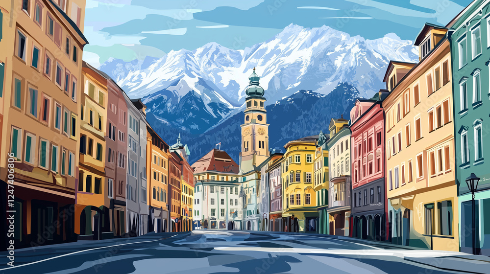 Naklejka premium illustration, Cityscape of Innsbruck in Austria , touristic advertisement poster. Innbruck in Tirol, Austria, the capital city of Tirol.typical buildings and church with beautiful alps, mountains
