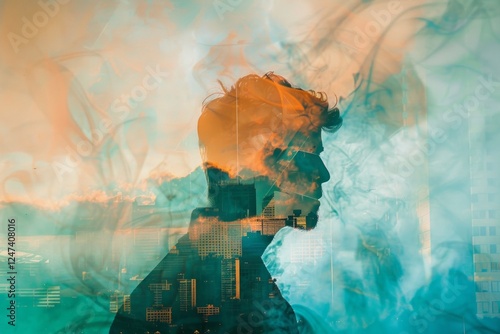 Double exposure view of male figure portrait in surreal big city with smoke. Neural network ai generated photo