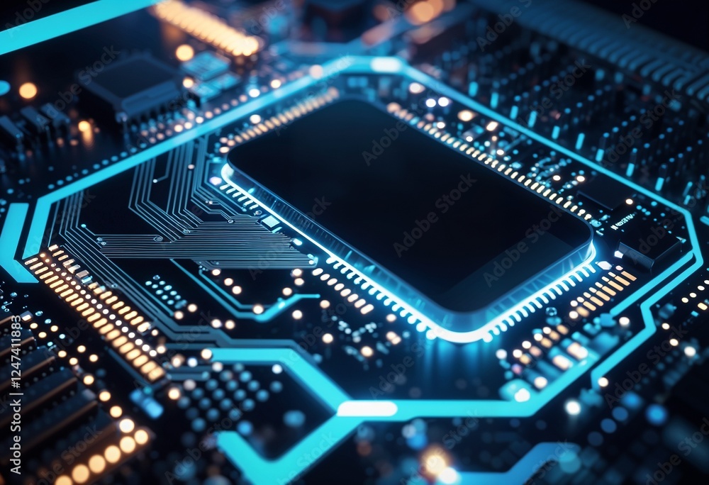 Close-up of a microchip on a circuit board with glowing blue and gold accents Close-up of a microchip on a circuit board with glowing blue and gold accents
