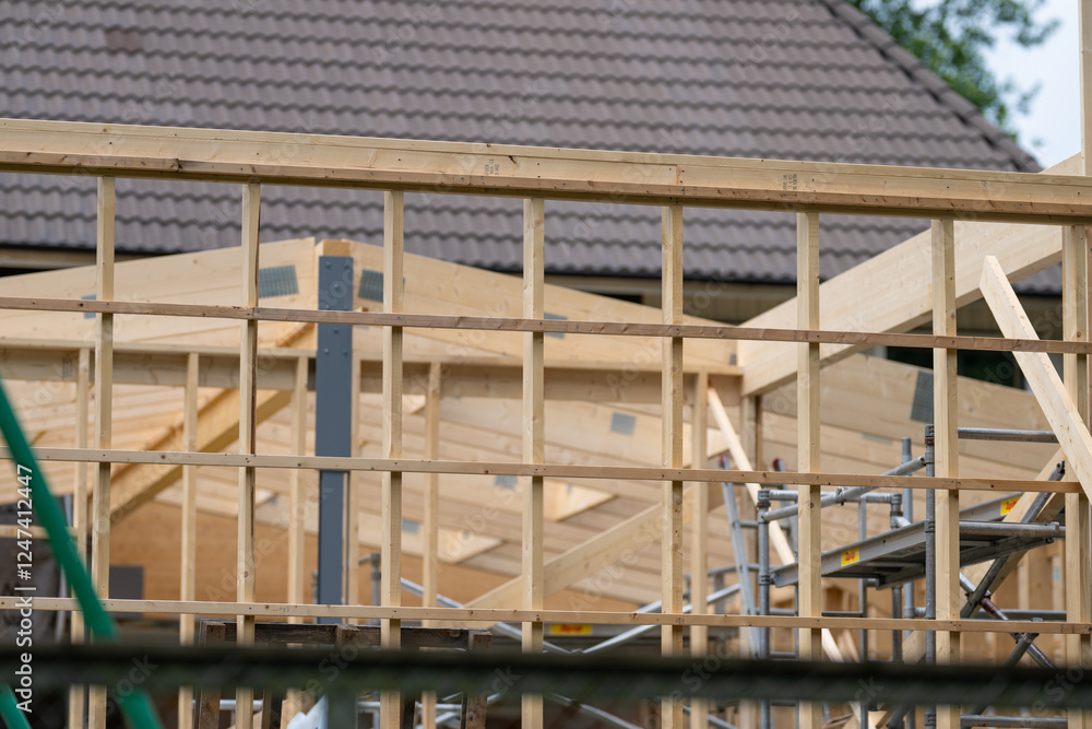 Second floor of a wooden house under construction. Second floor of a wooden house under construction.