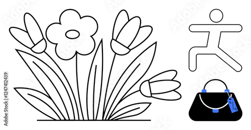 Flowers with leaves, a handbag adorned with a tag, and a simplistic running figure. Ideal for nature, fashion, travel, mobility, lifestyle simplicity or minimalism themes. Abstract line flat