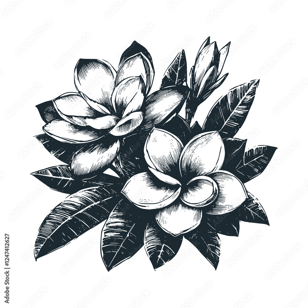 Obraz premium Plumeria Flowers with Leaves - Black white vector illustration
