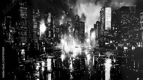 A highcontrast black and white photograph of a city skyline in the rain with reflections of streetlights and skyscrapers in puddles. Neon Noir Aesthetics. Illustration photo