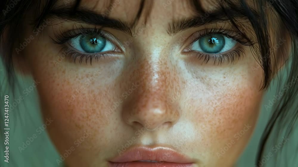 Stunning Closeup of a Freckled Woman with Striking Blue Eyes Stunning Closeup of a Freckled Woman with Striking Blue Eyes