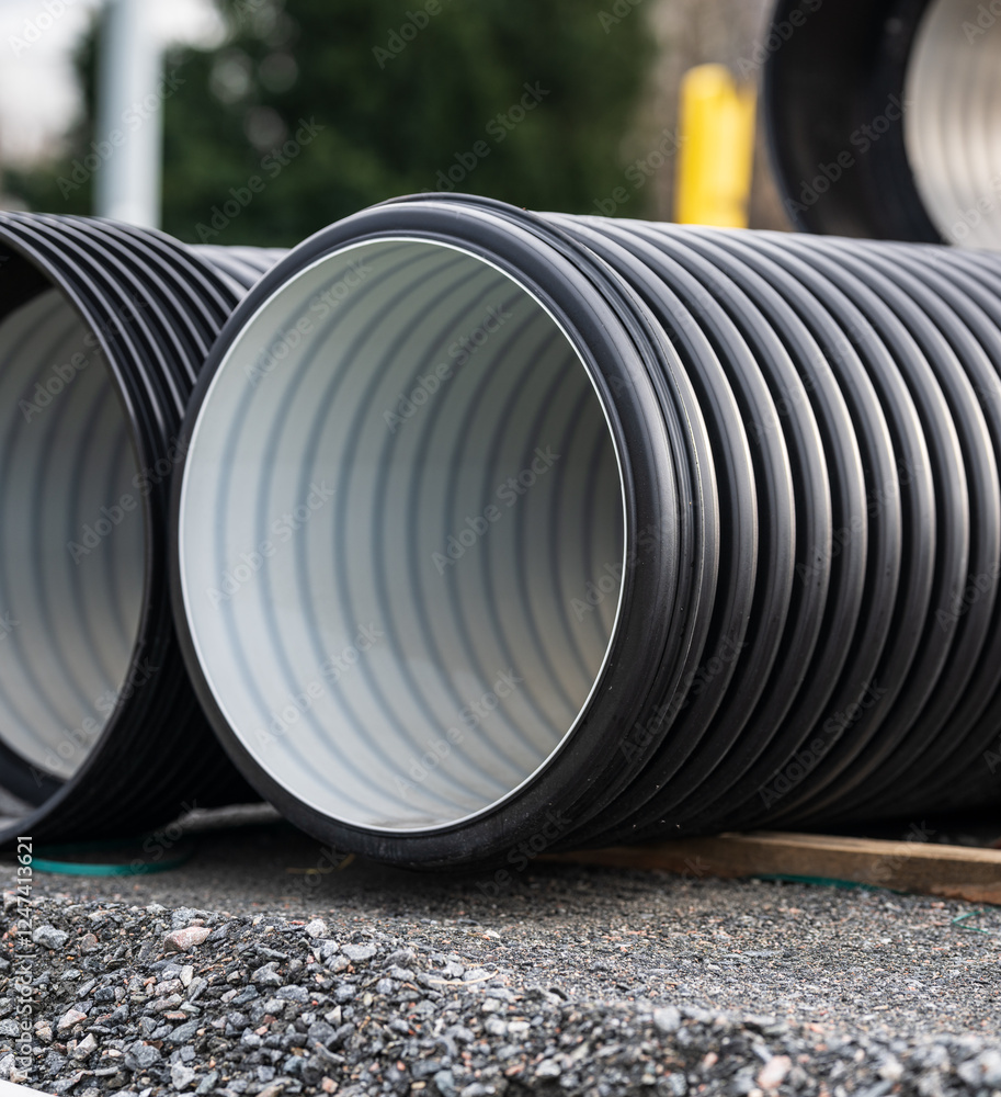 stacked corrugated pipes for construction use. stacked corrugated pipes for construction use.