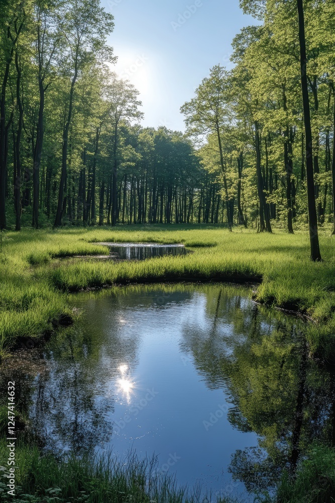 Fototapeta premium Serene Woodland Scene Featuring Reflective Pond Surrounded by Lush Greenery and Tall Trees Under a Clear Sky with Bright Sunlight