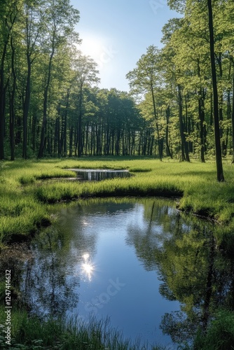 Serene Woodland Scene Featuring Reflective Pond Surrounded by Lush Greenery and Tall Trees Under a Clear Sky with Bright Sunlight