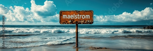 Oceanic Scene Featuring a Weathered Sign Reading 'Maelstrom' Against a Backdrop of Rolling Waves and Expansive Sky with White Clouds