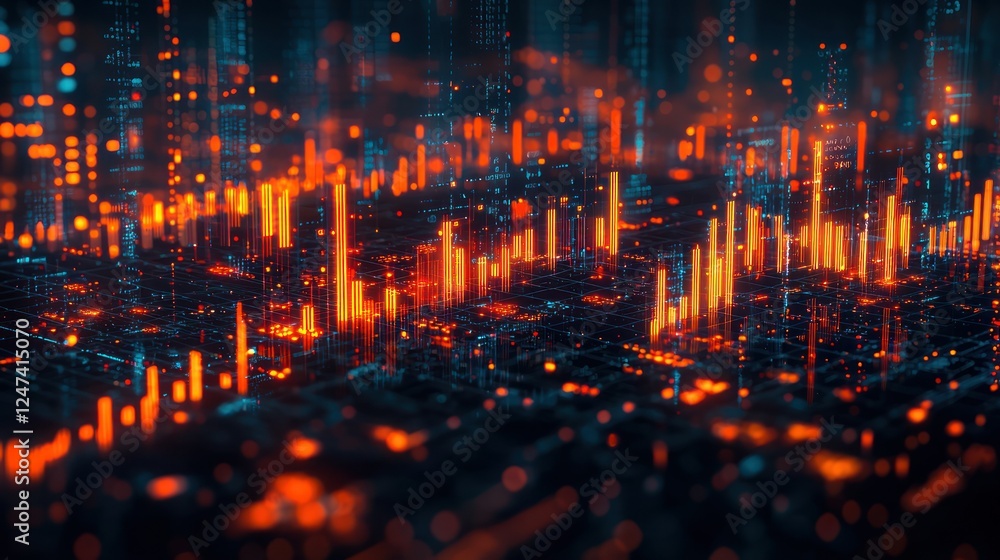 Fototapeta premium Abstract digital city glowing at night, data visualization, technology background