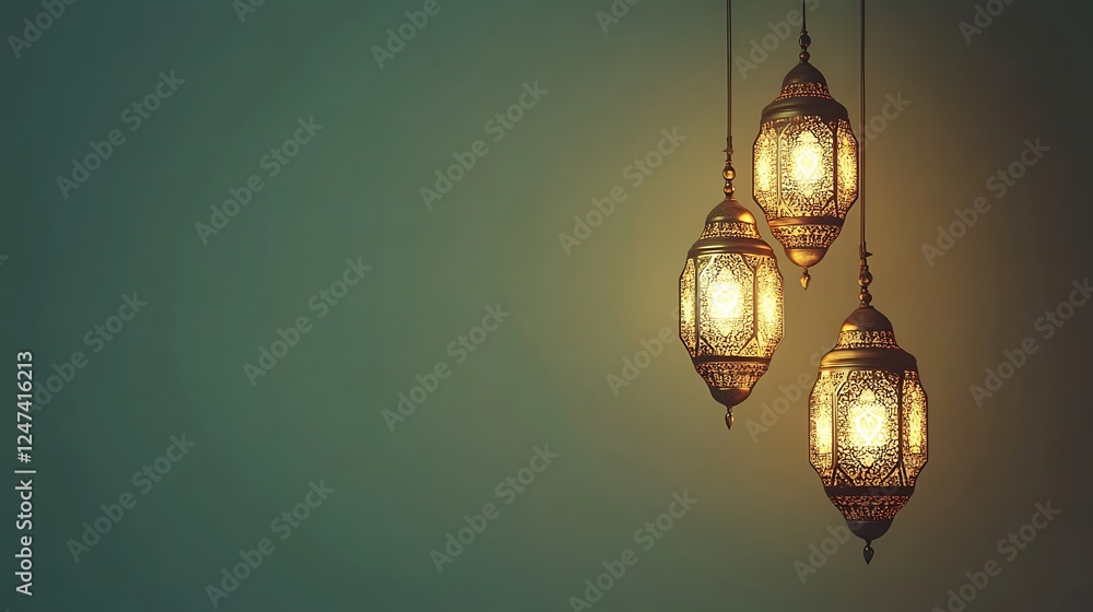 Three Illuminated Moroccan Lanterns Hanging Against a Green Wall Three Illuminated Moroccan Lanterns Hanging Against a Green Wall