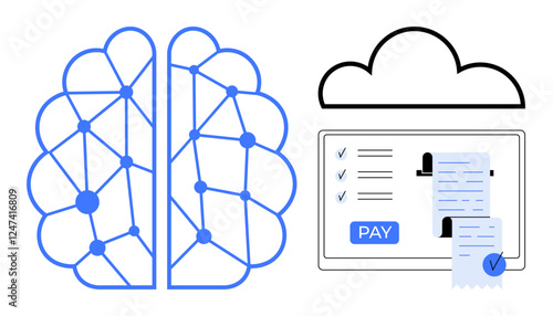 Neural network brain representing AI, cloud icon for cloud computing, and a digital payment interface with transaction receipt illustration. Ideal for technology, finance, AI, cloud computing, online