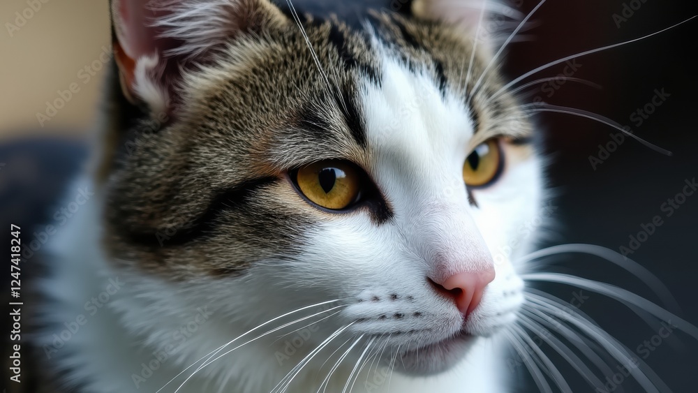 A close-up of a heterochromic cat with striking eyes looking at the camera in a cozy indoor environment. Its soft fur and curious expression invite affection, highlighting unique features. A close-up of a heterochromic cat with striking eyes looking at the camera in a cozy indoor environment. Its soft fur and curious expression invite affection, highlighting unique features.