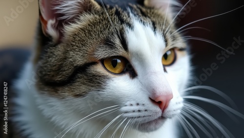 A close-up of a heterochromic cat with striking eyes looking at the camera in a cozy indoor environment. Its soft fur and curious expression invite affection, highlighting unique features. photo