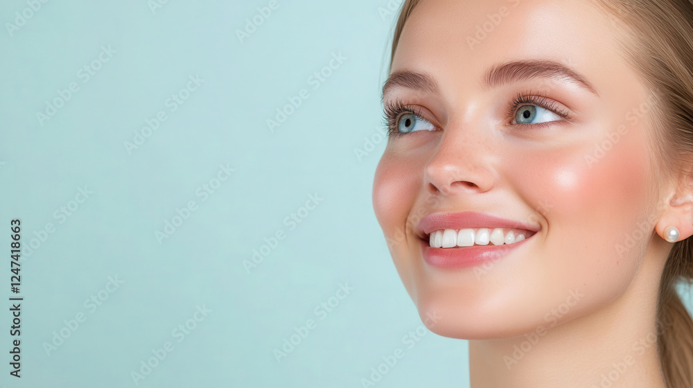 Woman with soft smile and pearl earrings against light aqua background, radiating warmth and positivity in a serene atmosphere. Happy Girl Smiling Banner, Background Advertisement. studio portrait Woman with soft smile and pearl earrings against light aqua background, radiating warmth and positivity in a serene atmosphere. Happy Girl Smiling Banner, Background Advertisement. studio portrait
