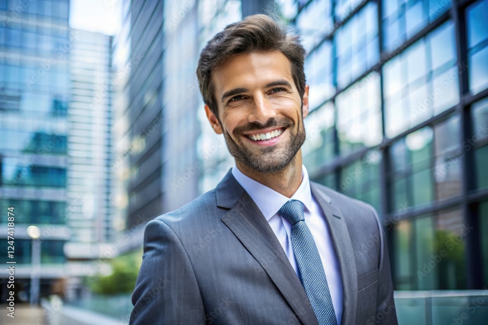 Businessman Smiling in Urban Setting on a Sunny Day. Generative AI Businessman Smiling in Urban Setting on a Sunny Day. Generative AI
