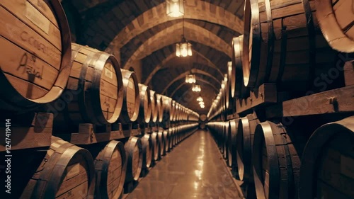 Discover the intimate atmosphere of a wine cellar showcasing rows of wooden barrels and soft, warm lights. The detailed craftsmanship and rustic charm create a unique experience for wine lovers.