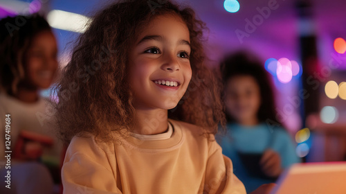 Children engaged in coding activities using tablets and laptops in a playful tech-themed classroom environment