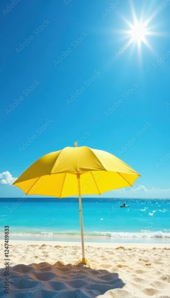 Yellow beach umbrella, dazzling sun, cloudless blue sky, sea, sun Yellow beach umbrella, dazzling sun, cloudless blue sky, sea, sun