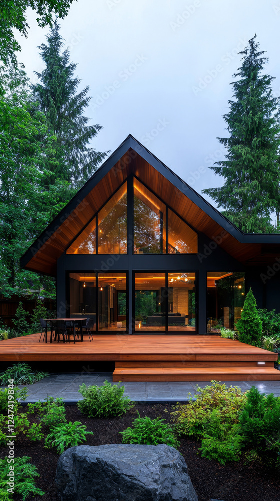 Modern A-Frame House with Large Windows and Warm Evening Lighting in Tranquil Landscape Modern A-Frame House with Large Windows and Warm Evening Lighting in Tranquil Landscape