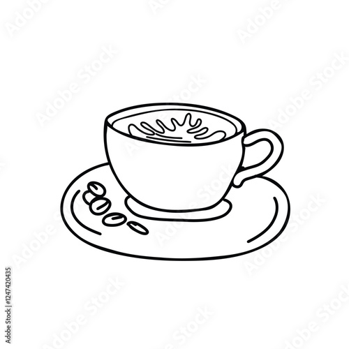 Cappuccino Coffee Cup isolated on white background. Black and white Sketch illustration in Doodle style. Ideal for beverage branding, cafe menu and graphic design projects.