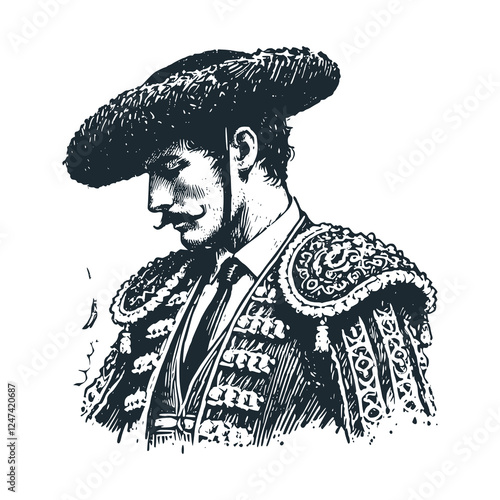 Spanish Matador Wearing Ornate Traje de Luces and Montera Hat – Black and White Icon Vector and Illustration