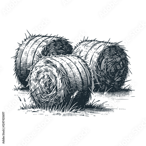 Three Hay Bales on the Field – Black and White Icon Vector and Illustration