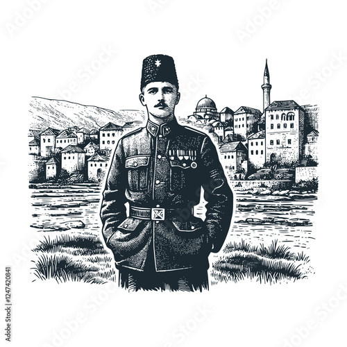 Ottoman Soldier with Traditional Uniform and Ancient Bosnia Skyline – Black and White Icon Vector and Illustration