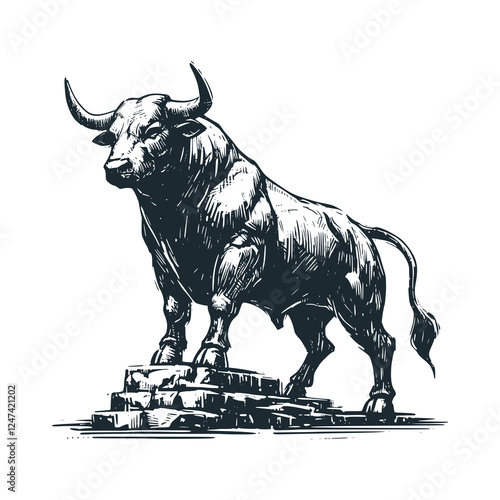 Majestic Black Bull Standing Strong – Black and White Icon Vector and Illustration