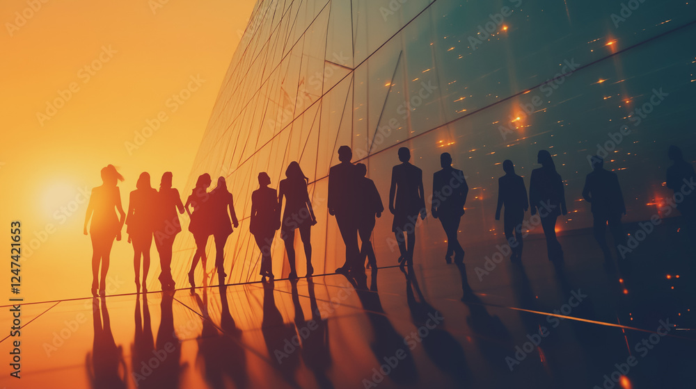 Fototapeta premium Group of business people silhouettes in modern office building and business network concept. Human resources with pastel innovation charts and graphs with statistics to analyze business